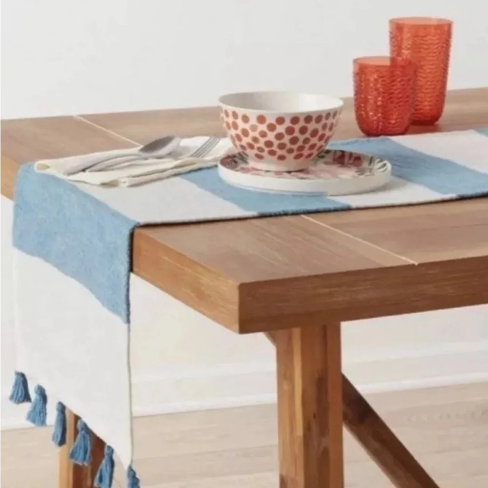 Opalhouse Blue and White Tassel Table Runner with Orange Glasses